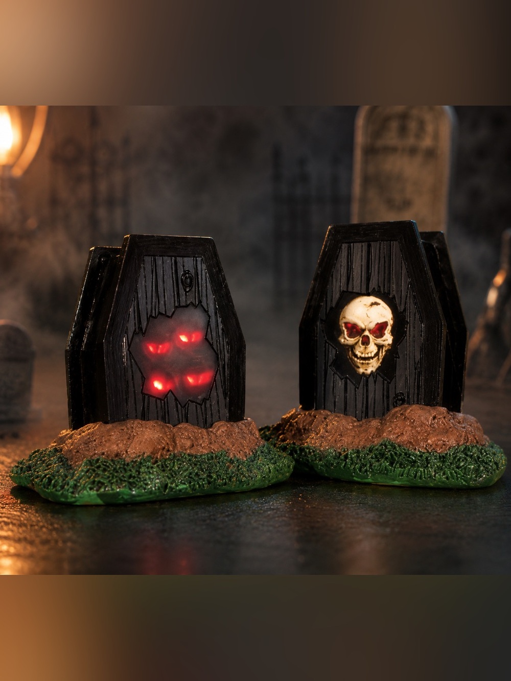 Spooky Town Lemax Halloween Village Cemetery Light Up Coffins